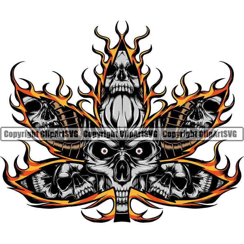Marijuana Leaf Skull Skeleton Head Fire Design Element Legalize Pot Organic Leaf Medical Medicine Health Herb Plant Cannabis Hemp Drug Grass Weed THC Legal Art Logo Clipart SVG