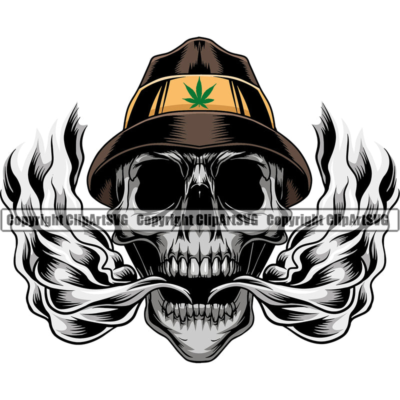 Skull Skeleton Head Silver Color Fire On Mouth Design Element Wearing Hat White Background Marijuana Legalize Pot Organic Leaf Medical Medicine Health Herb Plant Cannabis Hemp Drug Grass Weed THC Legal Art Logo Clipart SVG