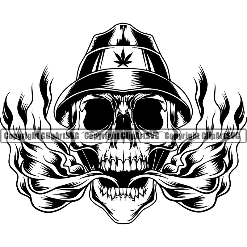 Black And White Skull Skeleton Head Wearing Cap Design Element Marijuana Legalize Pot Organic Leaf Medical Medicine Health Herb Plant Cannabis Hemp Drug Grass Weed THC Legal Art Logo Clipart SVG