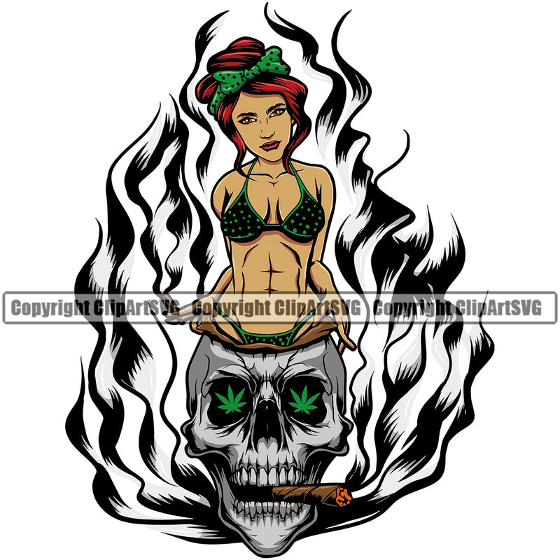 Skull Skeleton Head Afro Woman Wearing Bikini Color Design Element Skull Smoking Marijuana Legalize Pot Organic Leaf Medical Medicine Health Herb Plant Cannabis Hemp Drug Grass Weed THC Legal Art Logo Clipart SVG