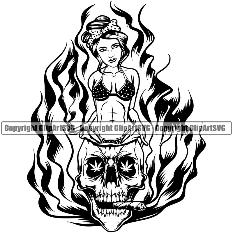 Skull Skeleton Head Afro Woman Wearing Bikini Black And White Design Fire Marijuana Legalize Pot Organic Leaf Medical Medicine Health Herb Plant Cannabis Hemp Drug Grass Weed THC Legal Art Logo Clipart SVG