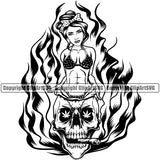 Skull Skeleton Head Afro Woman Wearing Bikini Black And White Design Fire Marijuana Legalize Pot Organic Leaf Medical Medicine Health Herb Plant Cannabis Hemp Drug Grass Weed THC Legal Art Logo Clipart SVG