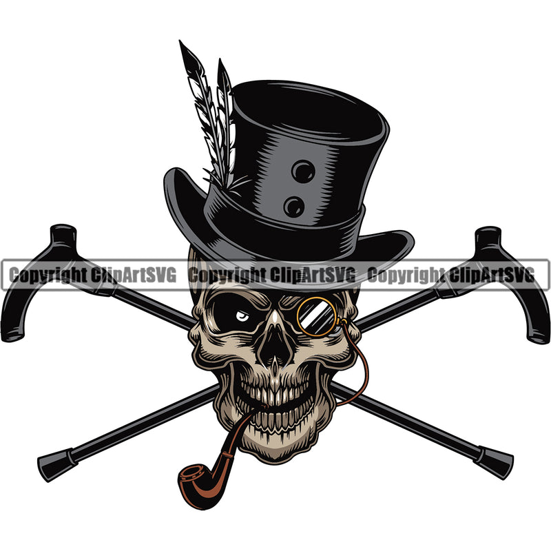 Skull Skeleton Head Smoking Tobacco Cane Pipe Top Hat Vector Color Wearing Sunglasses Design Element Health Tobacco Quit Quitting Smoke Awareness Disease Addiction Smoker Addicted Addict Art Logo Clipart SVG