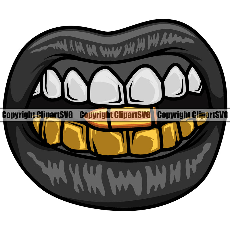 Lips Gold Teeth Top Black Design Element Face Sexy Mouth Cartoon Mascot Gangster Grill Thug Mean Mug Bling Create Art Artwork Creator Woman Female Girl Lady Male Man Boy Business Company Logo Clipart SVG
