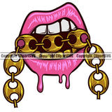 Lips Mouth Gold Teeth Bite Biting Gold Chain Necklace Design Element Dripping Face Sexy Mouth Gangster Grill Thug Mean Mug Bling Jewelry Head Cartoon Character Mascot Creation Create Art Artwork Creator Business Company Logo Clipart SVG