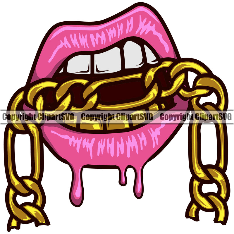 Lips Mouth Teeth Bite Biting Gold Chain Necklace Dripping Design Element Face Sexy Woman Female Girl Lady Male Head Gangster Grill Thug Mean Mug Bling Jewelry Character Mascot Creation Create Art Artwork Creator Business Company Logo Clipart SVG