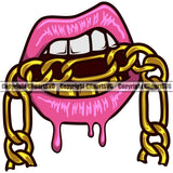 Lips Mouth Teeth Bite Biting Gold Chain Necklace Dripping Design Element Face Sexy Woman Female Girl Lady Male Head Gangster Grill Thug Mean Mug Bling Jewelry Character Mascot Creation Create Art Artwork Creator Business Company Logo Clipart SVG