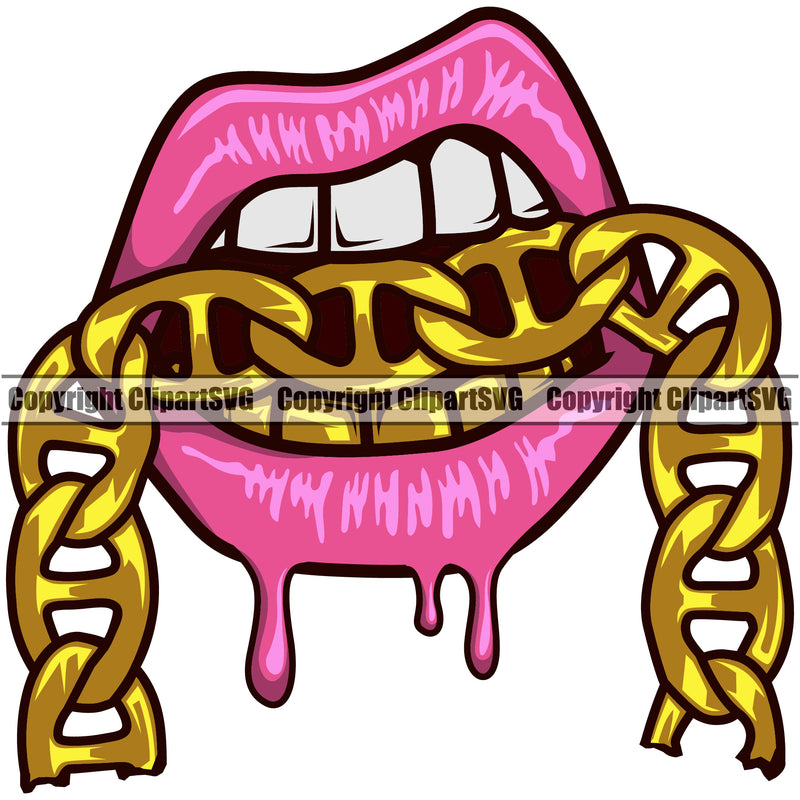 Lips Mouth Gold Teeth Bite Biting Gold Chain Necklace Dripping Bottom Design Element Face Sexy Woman Female Girl Lady Position Head Cartoon Character Mascot Creation Create Art Artwork Creator Business Company Logo Clipart SVG