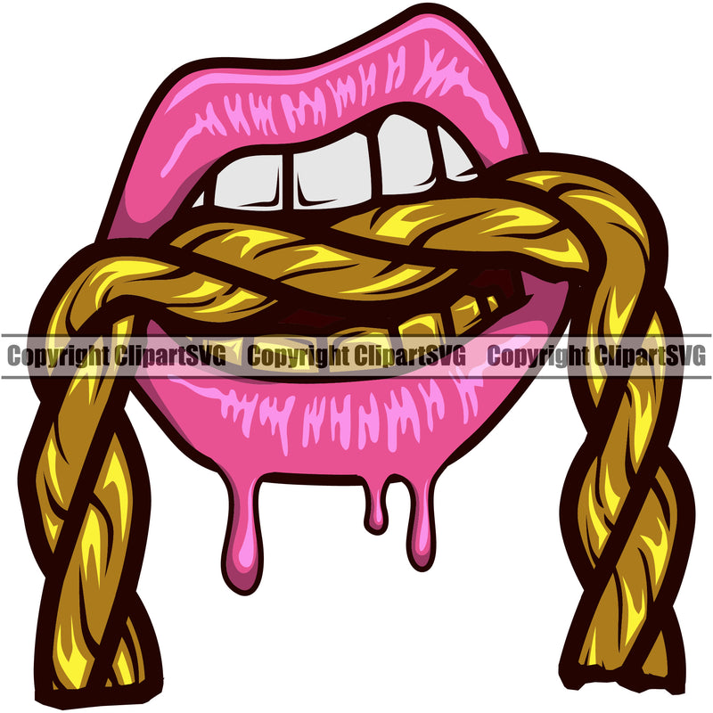 Lips Mouth Teeth Bite Biting Gold Chain Necklace Design Element Face Sexy Dripping Position Woman Female Girl Lady Cartoon Character Mascot Creation Create Art Artwork Business Logo Clipart SVG
