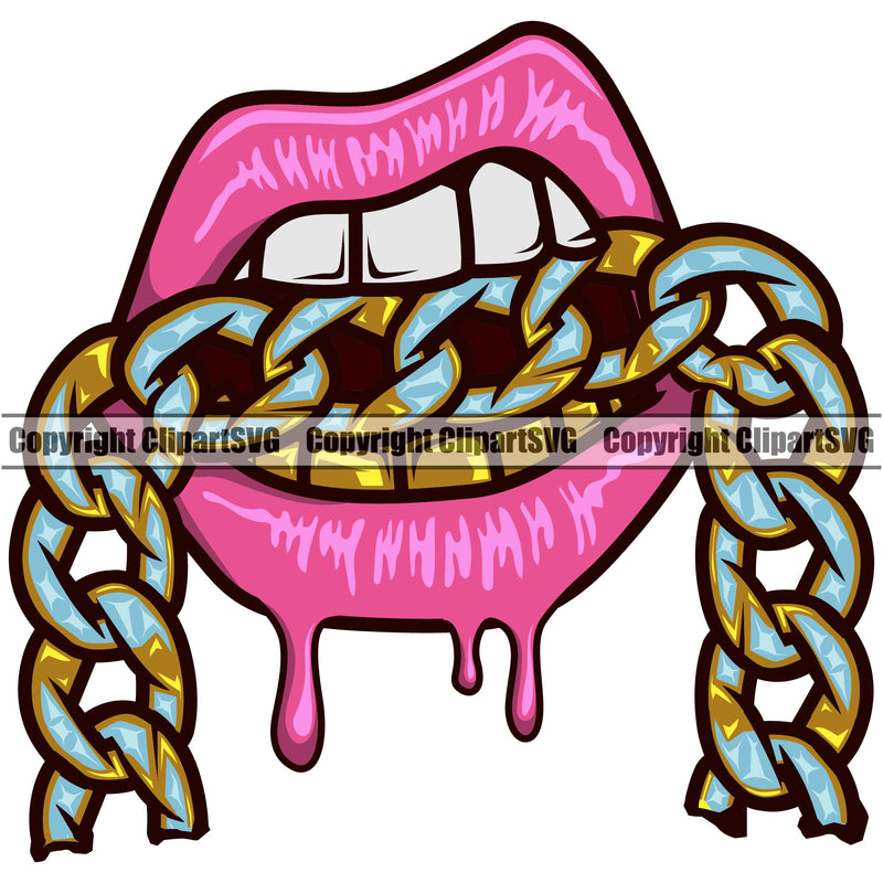 Lips Mouth Teeth Bite Biting Gold Chain Necklace Design Element Face Sexy Mouth Position Head Cartoon Character Mascot Creation Create Art Artwork  Woman Female Girl Lady Business Logo Clipart SVG