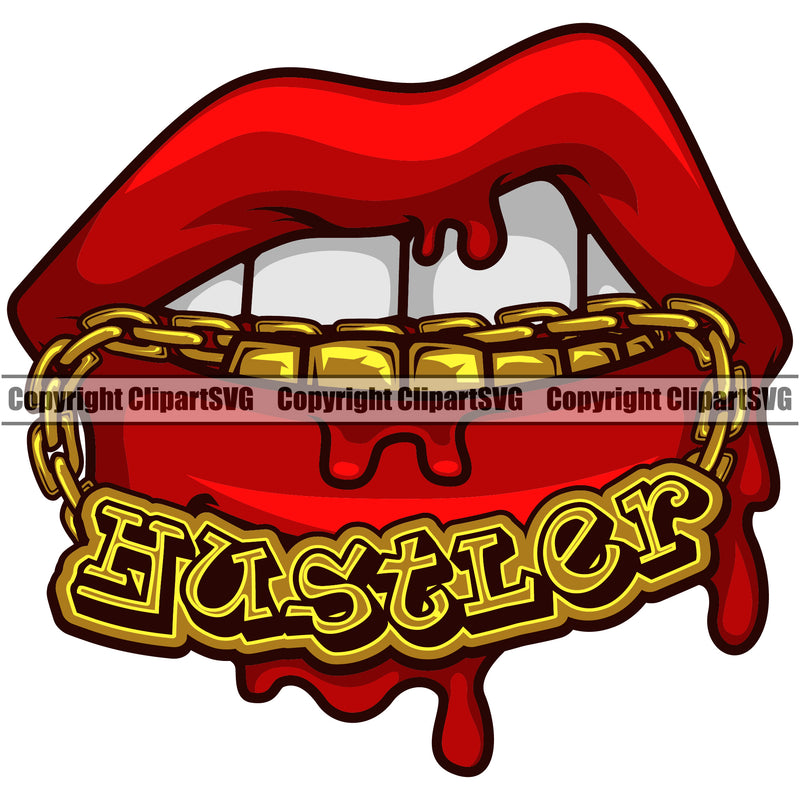 Lips Mouth Teeth Bite Biting Gold Chain Necklace Dripping Hustler Text Color Design Element Face Sexy Position Head Cartoon Character Mascot Woman Female Girl Lady Artwork Creator Business Company Logo Clipart SVG