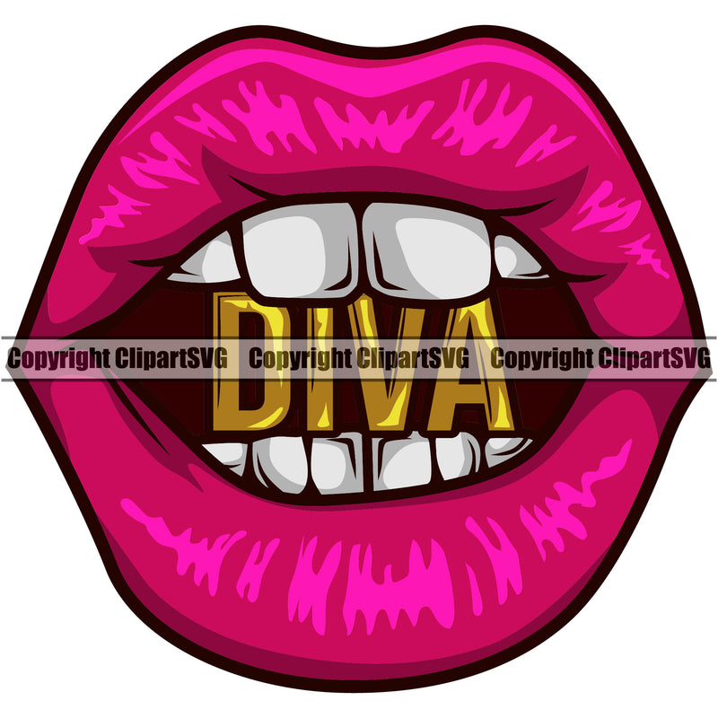 Lips Diva Mouth Text Pink Color Design Element Face Sexy Mouth Woman Female Girl Lady Male Man Boy Head Cartoon Character Mascot Creation Create Art Artwork Creator Business Company Logo Clipart SVG
