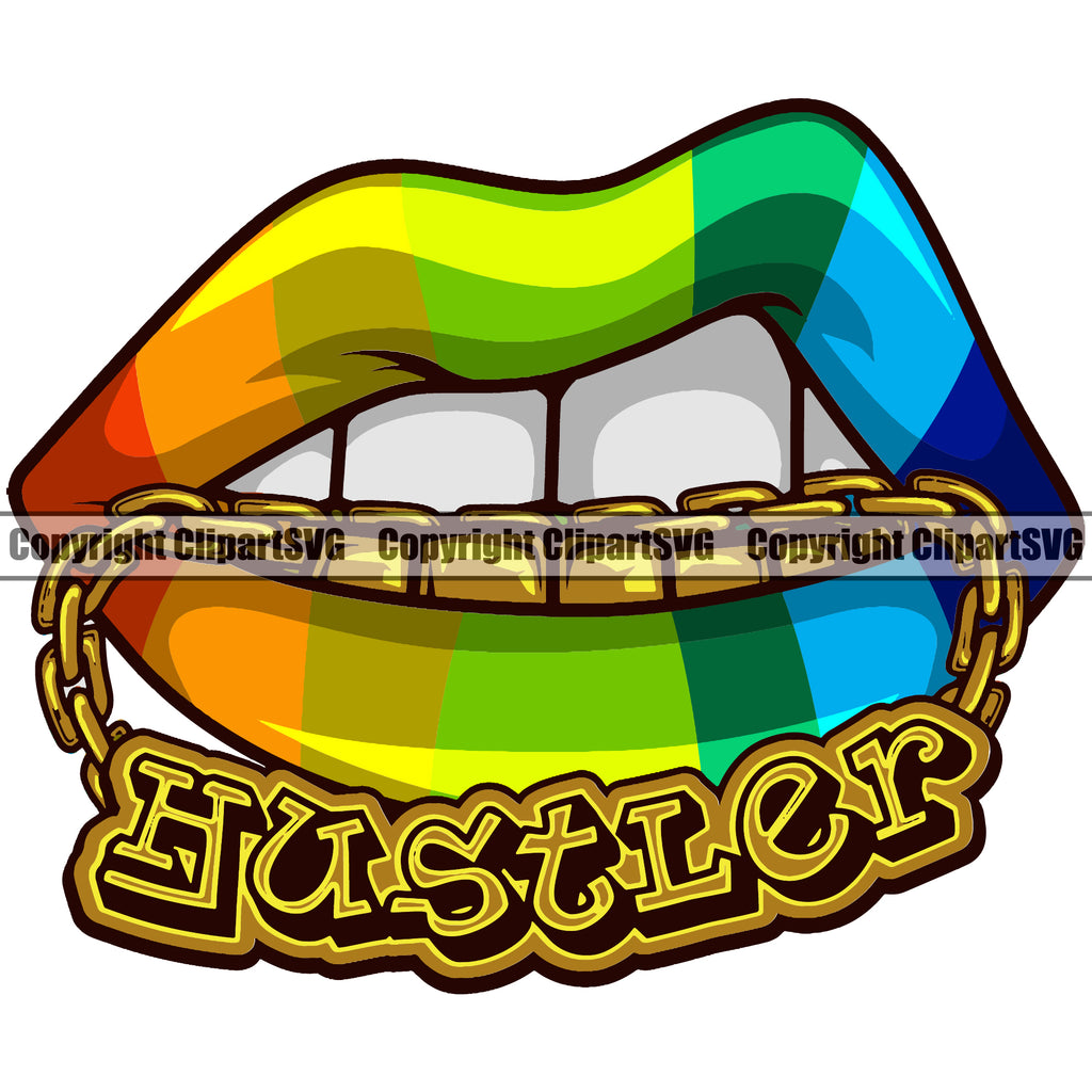 Lips Mouth Teeth Bite Biting Gold Chain Necklace Charm Hustler Gold Teeth Gay Design Element Face Sexy Gangster Grill Thug Mean Mug Bling Jewelry Head Cartoon Character Mascot Create Art Female Girl Lady Man Boy Creator Company Logo Clipart SVG
