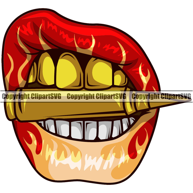 Lips Fire Bite Biting Bullet AK Gold Teeth Top Color Design Element Face Gangster Grill Thug Mean Mug Bling Head Cartoon Character Mascot Creation Create Male Man Boy Artwork Creator Business Company Logo Clipart SVG