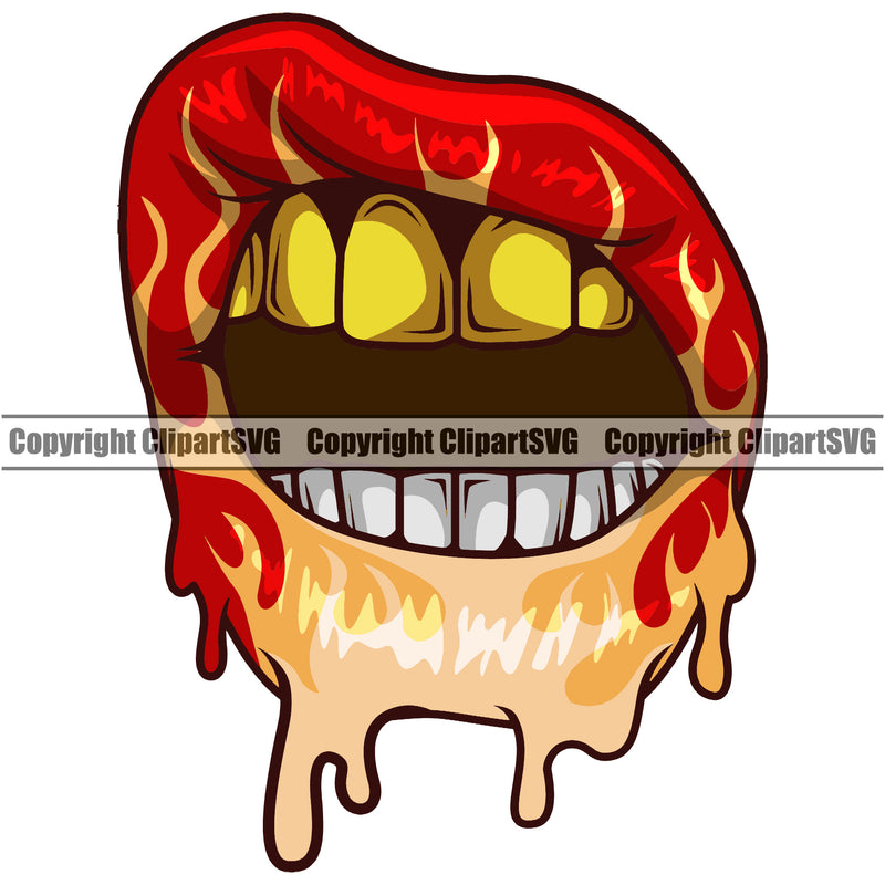 Lips Top Gold Teeth Dripping Fire Design Element Face Male Man Boy Mouth Position Gangster Grill Thug Mean Mug Character Mascot Creation Create Art Artwork Creator Business Company Logo Clipart SVG