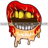 Lips Top Gold Teeth Dripping Fire Design Element Face Male Man Boy Mouth Position Gangster Grill Thug Mean Mug Character Mascot Creation Create Art Artwork Creator Business Company Logo Clipart SVG