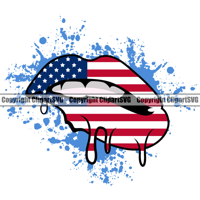 Lips USA Flag Dripping Bite Biting Splash Color Male Man Boy Design Element Face Sexy Mouth Position Head Cartoon Character Mascot Creation Create Art Artwork Creator Business Company Logo Clipart SVG