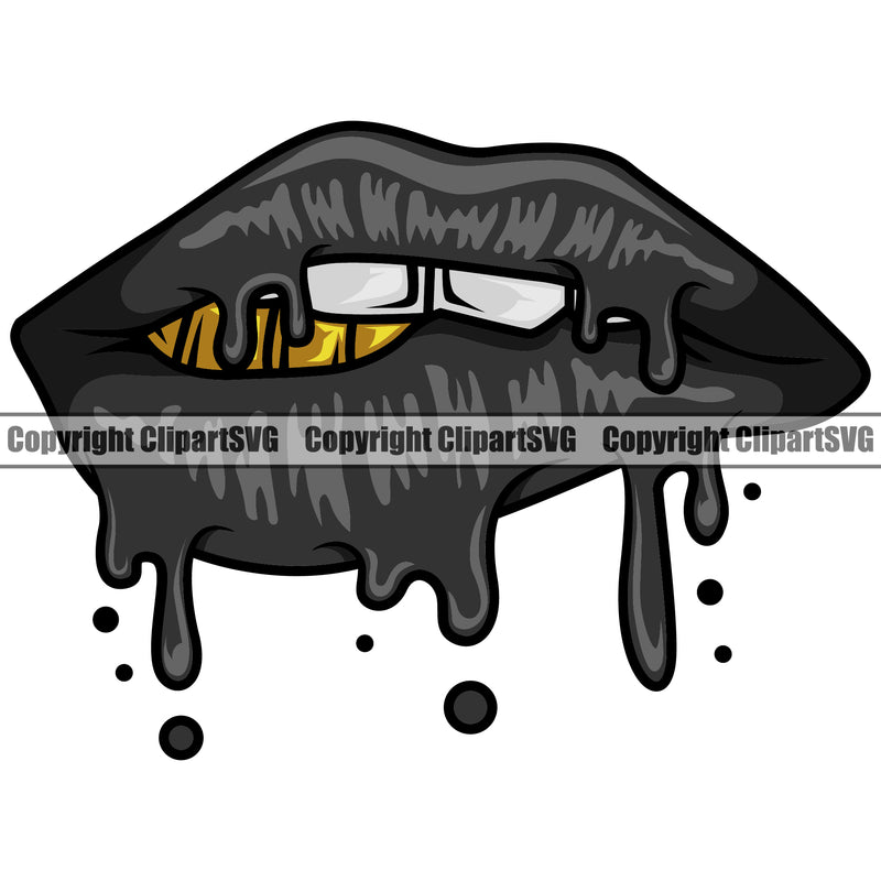 Lips Bite Biting Gold Teeth Bottom Dripping Color Design Element Face Woman Female Girl Lady Male Man Boy  Mouth Position Head Cartoon Character Mascot Creation Create Art Creator Gangster Grill Thug Mean Mug Bling Business Company Logo Clipart SVG