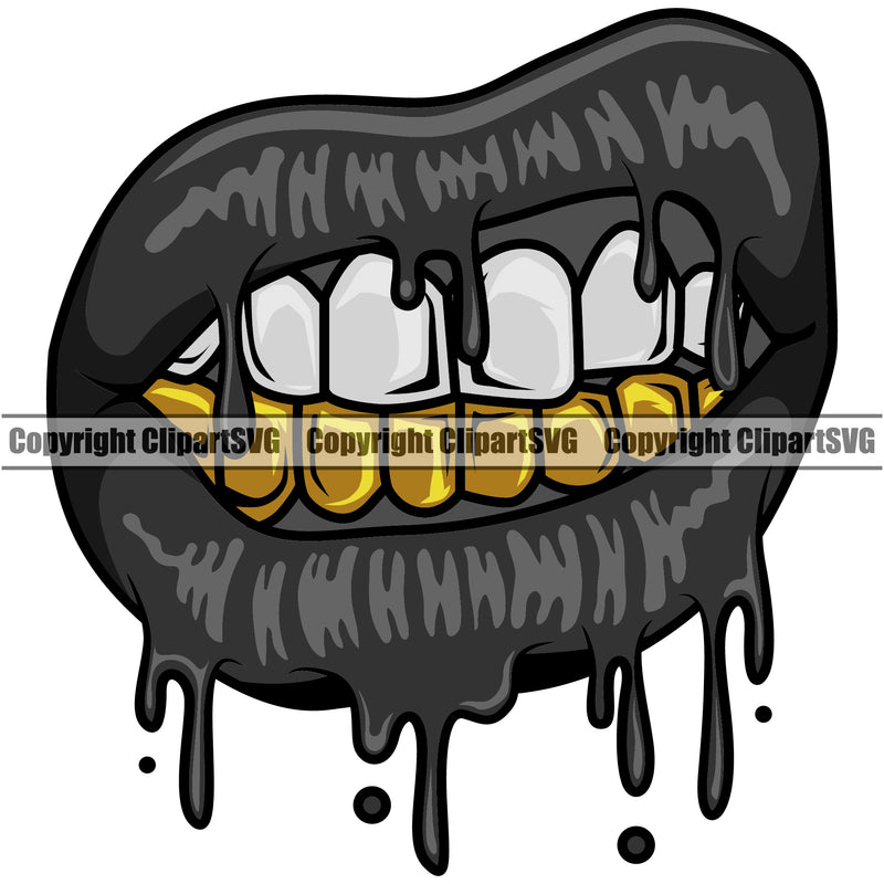 Lips Bottom Gold Teeth Dripping Design Element Face Mouth Position Gangster Grill Thug Mean Mug Bling Jewelry Cartoon Character Mascot Male Man Boy Creation Create Art Artwork Creator Business Company Logo Clipart SVG
