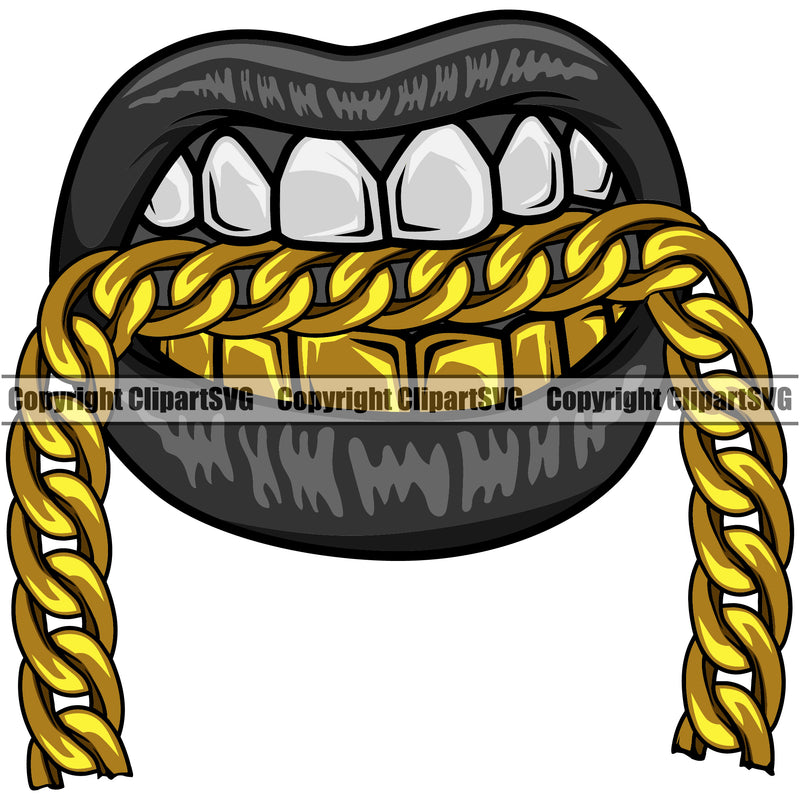 Lips Mouth Teeth Gold Bite Biting Gold Chain Necklace Design Element Face Gangster Grill Thug Mean Mug Bling Jewelry Mouth Position Head Cartoon Character Mascot Creation Create Art Artwork Creator Male Man Boy Company Logo Clipart SVG
