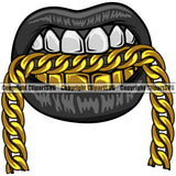 Lips Mouth Teeth Gold Bite Biting Gold Chain Necklace Design Element Face Gangster Grill Thug Mean Mug Bling Jewelry Mouth Position Head Cartoon Character Mascot Creation Create Art Artwork Creator Male Man Boy Company Logo Clipart SVG