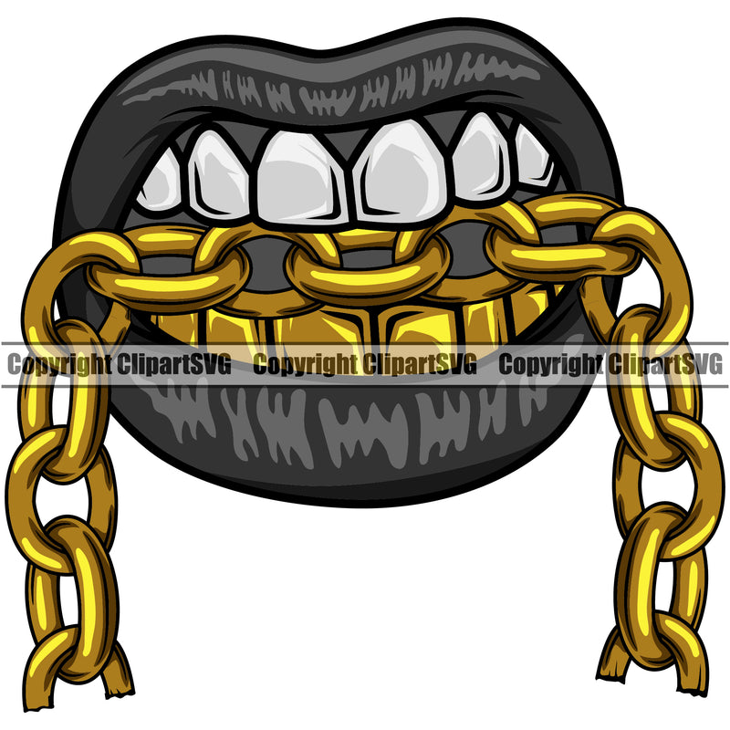 Lips Mouth Gold Teeth Bite Biting Gold Chain Necklace Design Element Face Gangster Grill Thug Mean Mug Bling Jewelry Mouth Position Head Cartoon Character Mascot Creation Create Art Artwork Creator Business Male Man Boy Logo Clipart SVG