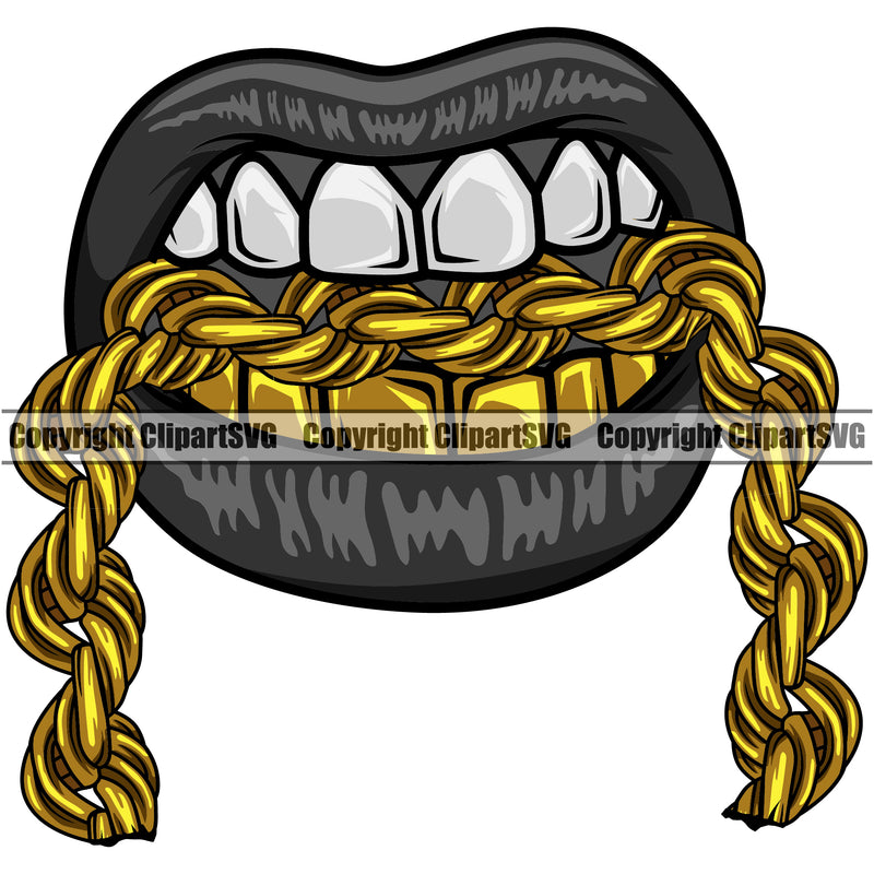 Lips Mouth Gold Teeth Bite Biting Gold Chain Necklace Design Element Face Male Man Boy Position Gangster Grill Thug Mean Mug Bling Jewelry Cartoon Character Mascot Creation Create Art Artwork Creator Business Company Logo Clipart SVG