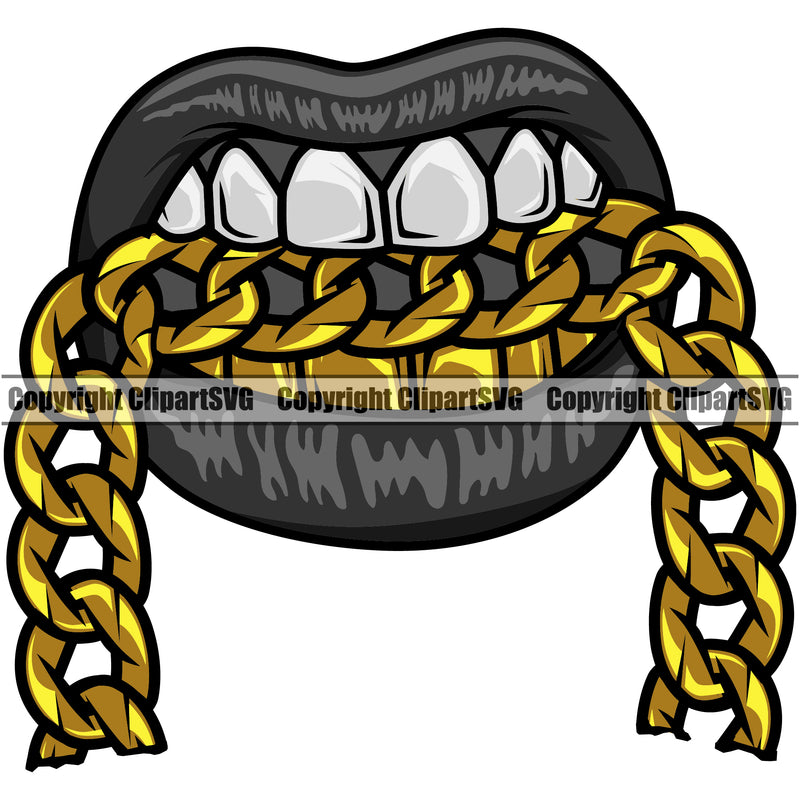 Lips Mouth Gold Teeth Bite Biting Gold Chain Necklace Design Element Face Male Man Boy Position Head Cartoon Character Mascot Creation Create Art Artwork Creator Gangster Grill Thug Mean Mug Bling Jewelry Business Company Logo Clipart SVG