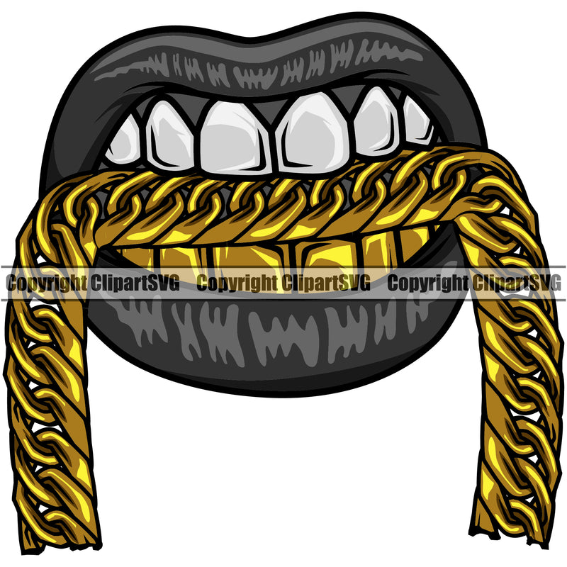 Lips Mouth Gold Teeth Bite Biting Gold Chain Necklace Design Element Face Male Man Boy Gangster Grill Thug Mean Mug Bling Jewelry Cartoon Character Mascot Creation Create Art Artwork Creator Business Company Logo Clipart SVG