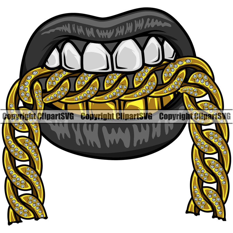Lips Mouth Gold Teeth Bite Biting Gold Diamond Chain Necklace Design Element Face Position Head Cartoon Character Mascot Creation Create Art Creator Gangster Grill Thug Mean Mug Bling Jewelry Business Company Logo Clipart SVG