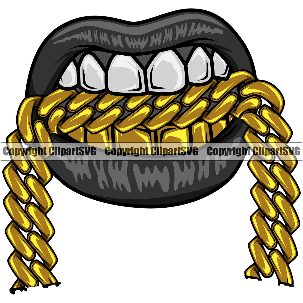 Lips Mouth Gold Teeth Bite Biting Gold Chain Necklace Design Element Face Sexy Mouth Gangster Grill Thug Mean Mug Bling Jewelry Head Cartoon Character Mascot Creation Create Art Artwork  Business Male Man Boy Company Logo Clipart SVG