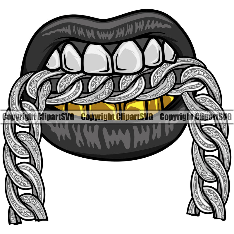 Lips Mouth Gold Teeth Bite Biting Silver Diamond Chain Necklace Design Element Face Sexy Mouth Gangster Grill Thug Mean Mug Position Head Cartoon Character Mascot Creation Create Art Artwork Creator Business Male Man Boy Company Logo Clipart SVG