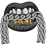 Lips Mouth Gold Teeth Bite Biting Silver Diamond Chain Necklace Design Element Face Sexy Position Male Man Boy Gangster Grill Thug Mean Mug Bling Jewelry Head Cartoon Character Mascot Creation Create Art Artwork Creator Business Company Logo Clipart SVG
