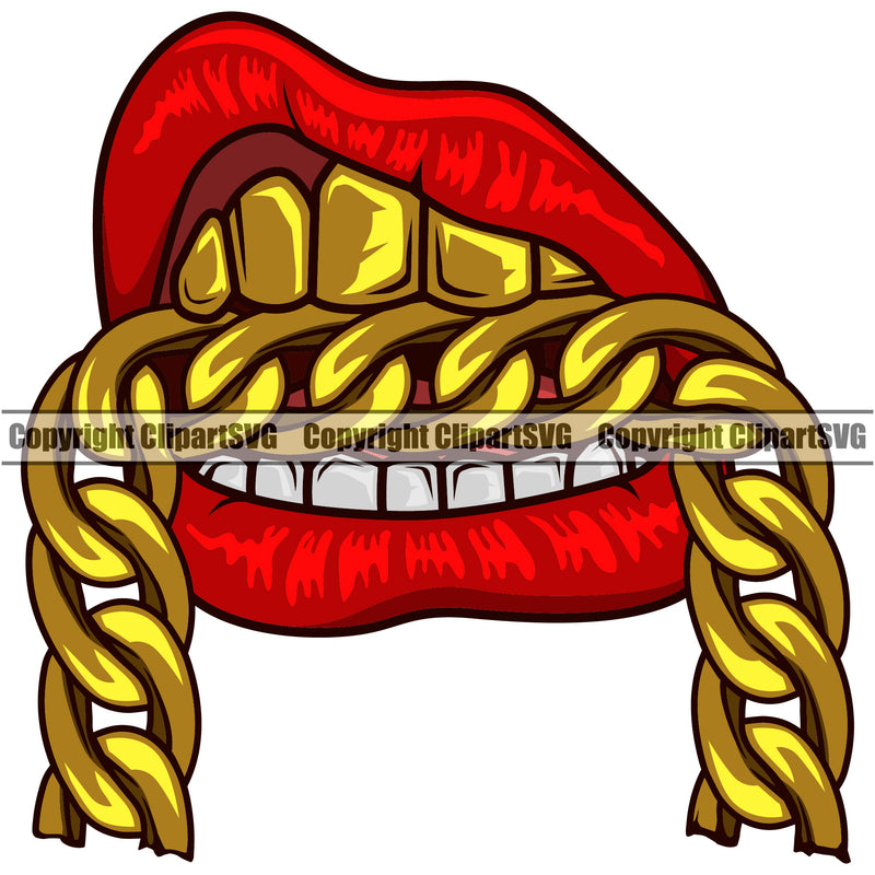 Lips Mouth Teeth Bite Biting Gold Chain Necklace Male Man Boy Design Element Face Sexy Mouth Position Head Cartoon Character Mascot Creation Create Art Artwork Creator Business Company Logo Clipart SVG
