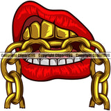 Lips Mouth Top Gold Teeth Bite Biting Gold Chain Necklace Design Element Face Sexy Mouth Position Male Man Boy Cartoon Character Mascot Creation Create Art Artwork Creator Business Company Logo Clipart SVG