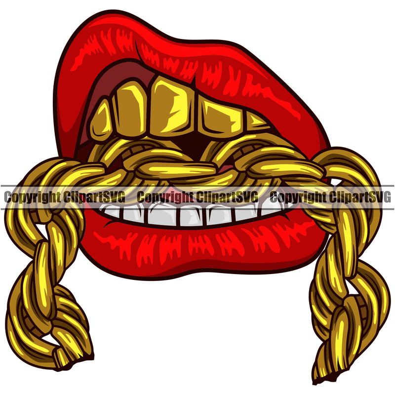 Lips Mouth Gold Teeth Bite Biting Gold Chain Necklace Design Element Face Sexy Position Gangster Grill Thug Mean Mug Bling Jewelry Mascot Creation Create Artwork Creator Male Man Boy Business Company Logo Clipart SVG