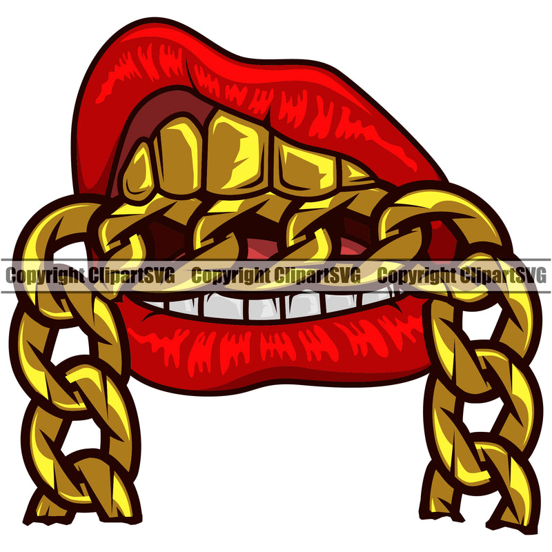 Lips Mouth Gold Teeth Bite Biting Gold Chain Necklace Design Element Face Male Man Boy Mouth Position Head Cartoon Character Mascot Creation Create Art Gangster Grill Thug Mean Mug Bling Jewelry Business Company Logo Clipart SVG