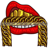 Lips Mouth Gold Teeth Bite Biting Gold Chain Necklace Design Element Bottom Face Sexy Male Man Boy Position Head Cartoon Character Mascot Creation Create Art Gangster Grill Thug Mean Mug Bling Jewelry Creator Business Company Logo Clipart SVG