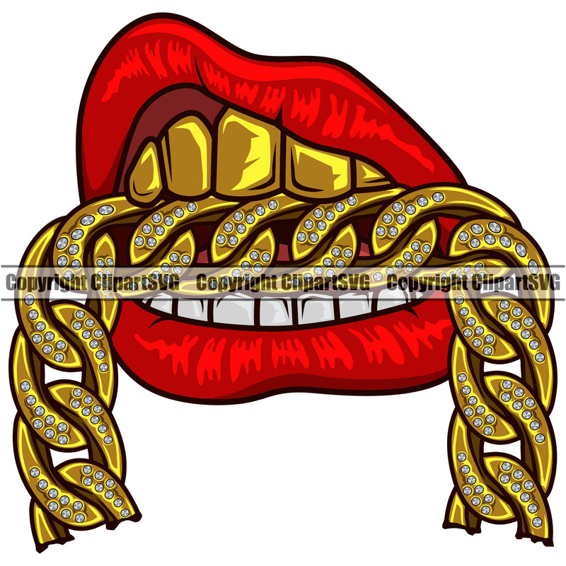 Lips Mouth Teeth Bite Biting Gold Chain Necklace Diamond Gold Teeth Color Face Sexy Mouth Male Man Boy Head Cartoon Gangster Grill Thug Mean Mug Bling Jewelry Mascot Creation Art Artwork Creator Company Logo Clipart SVG