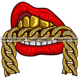 Lips Mouth Teeth Bite Biting Gold Chain Necklace Diamond Gold Teeth Color Face Sexy Mouth Male Man Boy Head Cartoon Gangster Grill Thug Mean Mug Bling Jewelry Mascot Creation Art Artwork Creator Company Logo Clipart SVG