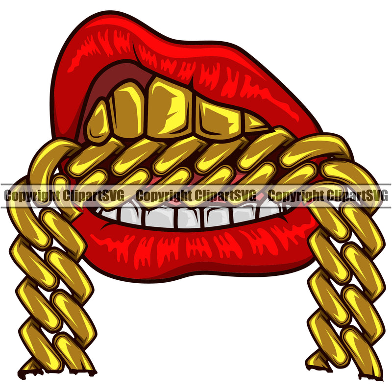 Lips Mouth Top Gold Teeth Bite Biting Gold Chain Necklace Design Element Face Sexy Position Gangster Grill Thug Mean Mug Bling Jewelry Cartoon Character Mascot Creation Create Art Man Boy  Business Logo Clipart SVG