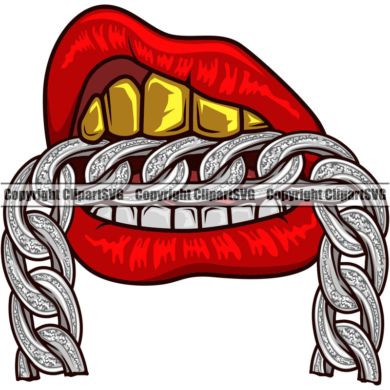 Lips Bottom Gold Teeth Silver Diamond Chain Design Element Face Gangster Grill Thug Mean Mug Bling Jewelry Mouth Position Head Cartoon Character Mascot Creation Create Male Man Boy Artwork Business Company Logo Clipart SVG