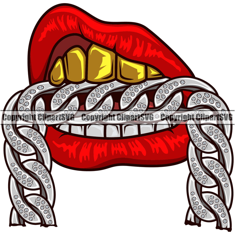 Lips Mouth Top Gold Teeth Bite Biting Silver Diamond Chain Necklace Design Element Face Sexy Gangster Grill Thug Mean Mug Bling Jewelry Head Cartoon Character Mascot Creation Create Art Male Man Boy Creator Business Logo Clipart SVG
