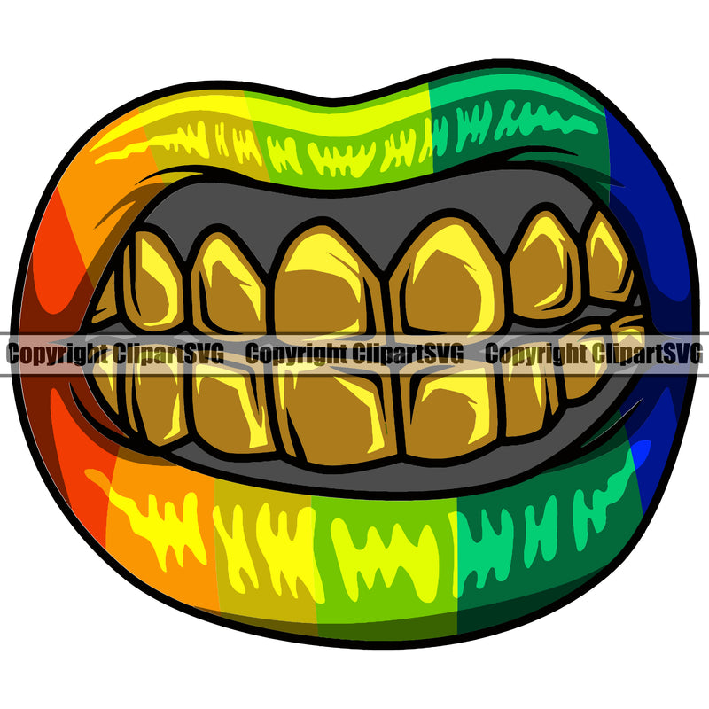Lips Gold Teeth Rainbow Color Element Face Male Man Boy Mouth Position Cartoon Character Mascot Creation Create Gangster Grill Thug Mean Mug Bling Jewelry Artwork Creator Business Company Logo Clipart SVG