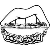 Lips Gold Teeth Classy Text Design Element Bite Biting Chain Face Sexy Mouth Position Woman Female Girl Lady Cartoon Character Mascot Creation Create Art Artwork Creator Gangster Grill Thug Mean Mug Company Logo Clipart SVG