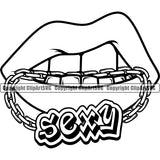 Lips Sexy Text Gold Teeth Bite Biting Chain Design Element Face Mouth Position Woman Female Girl Lady Cartoon Character Mascot Creation Create Art Artwork Gangster Grill Thug Mean Mug Bling Jewelry Business Company Logo Clipart SVG