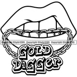 Lips Gold Digger Text Bite Biting Teeth Design Element Face Sexy Mouth Position Woman Female Girl Lady Cartoon Character Mascot Creation Create Art Artwork Business Grill Thug Mean Mug Bling Jewelry Logo Clipart SVG