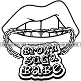 Lips Brown Suga Babe Text Design Element Face Woman Bite Biting Female Girl Lady Mouth Position Head Cartoon Character Gangster Grill Thug Mean Mug Bling Creation Create Art Artwork Creator Business Company Logo Clipart SVG