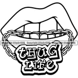 Lips Gold Chain Bite Biting Teeth Thug Life Text Design Element Face Sexy Woman Female Girl Lady Mouth Position Head Cartoon Character Mascot Creation Create Gangster Grill Thug Mean Mug Artwork Creator Business Company Logo Clipart SVG