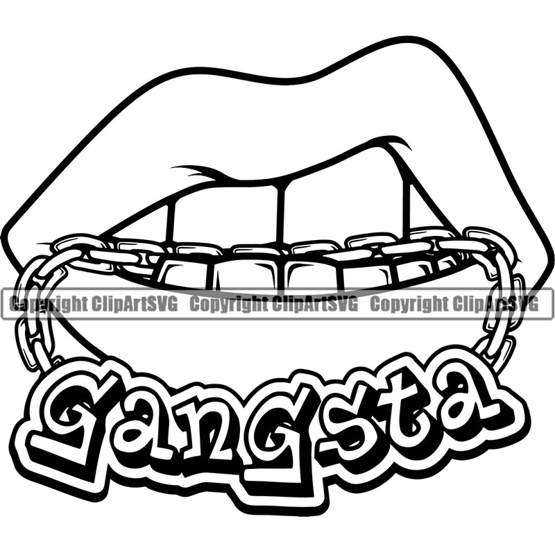 Lips Mouth Teeth Bite Biting Gold Chain Necklace Gangster Text Design Element Face Sexy Mouth Position Grill Thug Mean Mug Bling Jewelry Cartoon Character Mascot Creation Create Art Artwork Creator Business Company Woman Female Girl Lady Clipart SVG